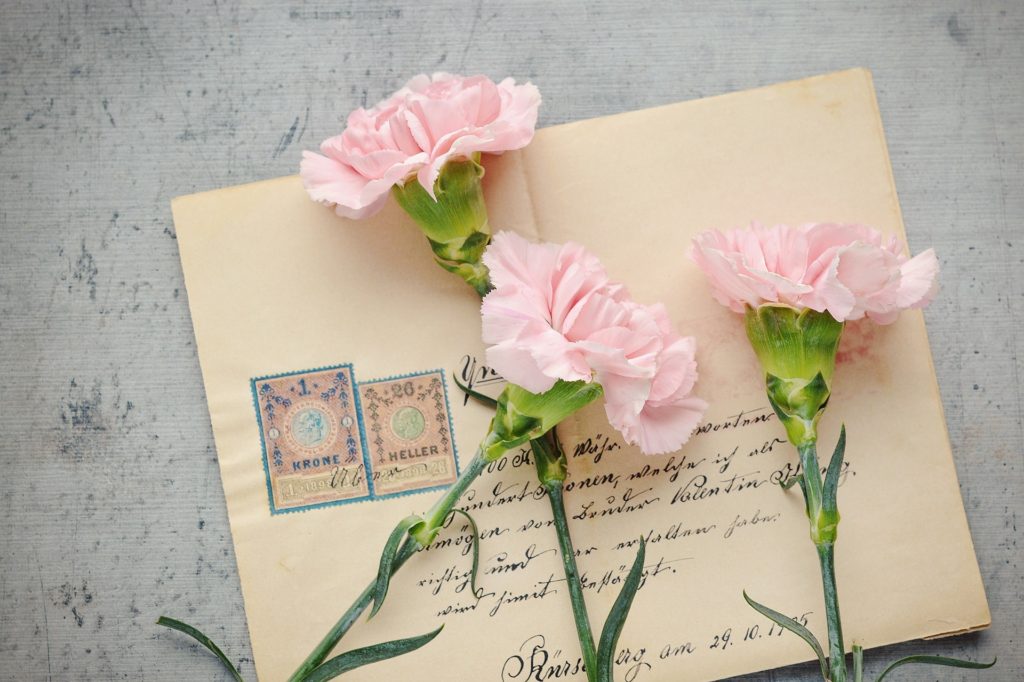 Handwritten letters and pink carnations by Pezibear / Pixabay.