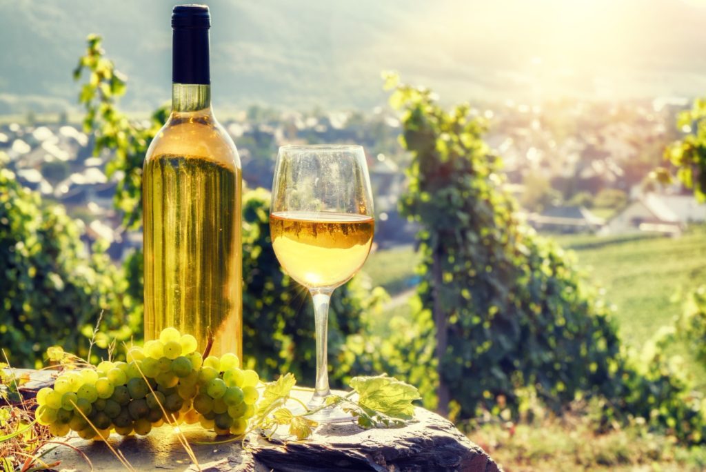 Bottle and full glass of white wine over vineyard background / Image: paulgrecaud, Deposit Photos