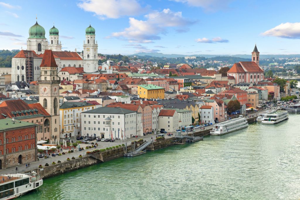 Aerial view of Passau with Danube river, embankment and cathedral, Bavaria, Germany