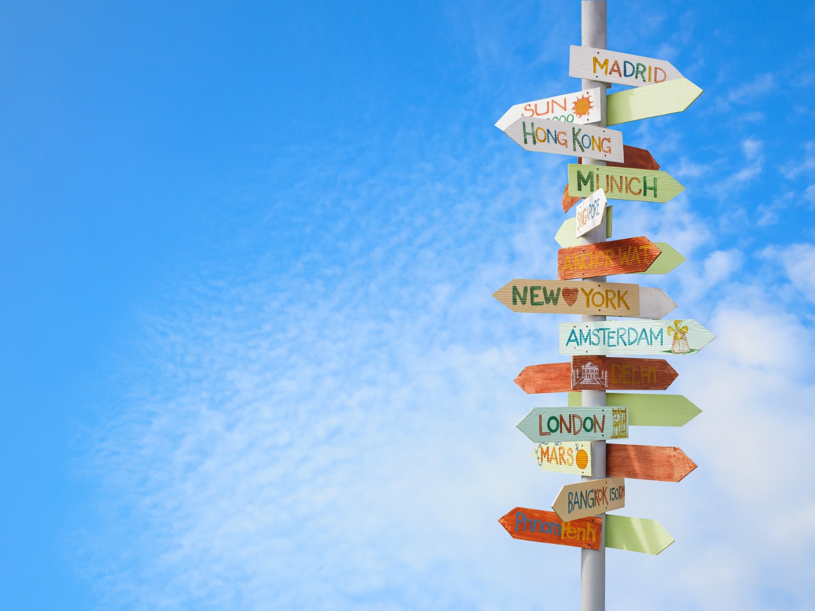 Sign to various travel destinations and blue sky