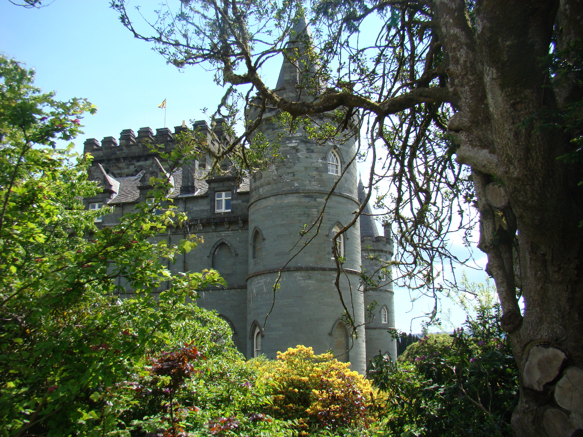 Side view of Inveraray Castle and it's gardens