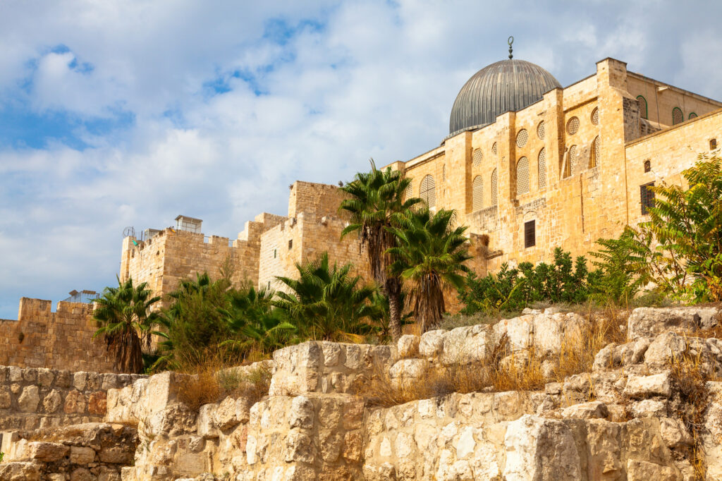 View of old city wall of Jerusalem with Al Aksa mosque